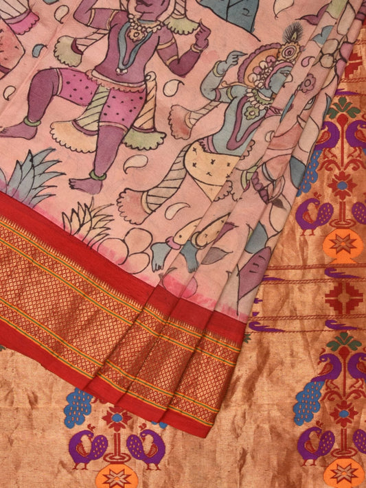 Cream and Red Kalamkari Hand Painted Paithani Silk Handloom Saree with Village Theme Design KL0748