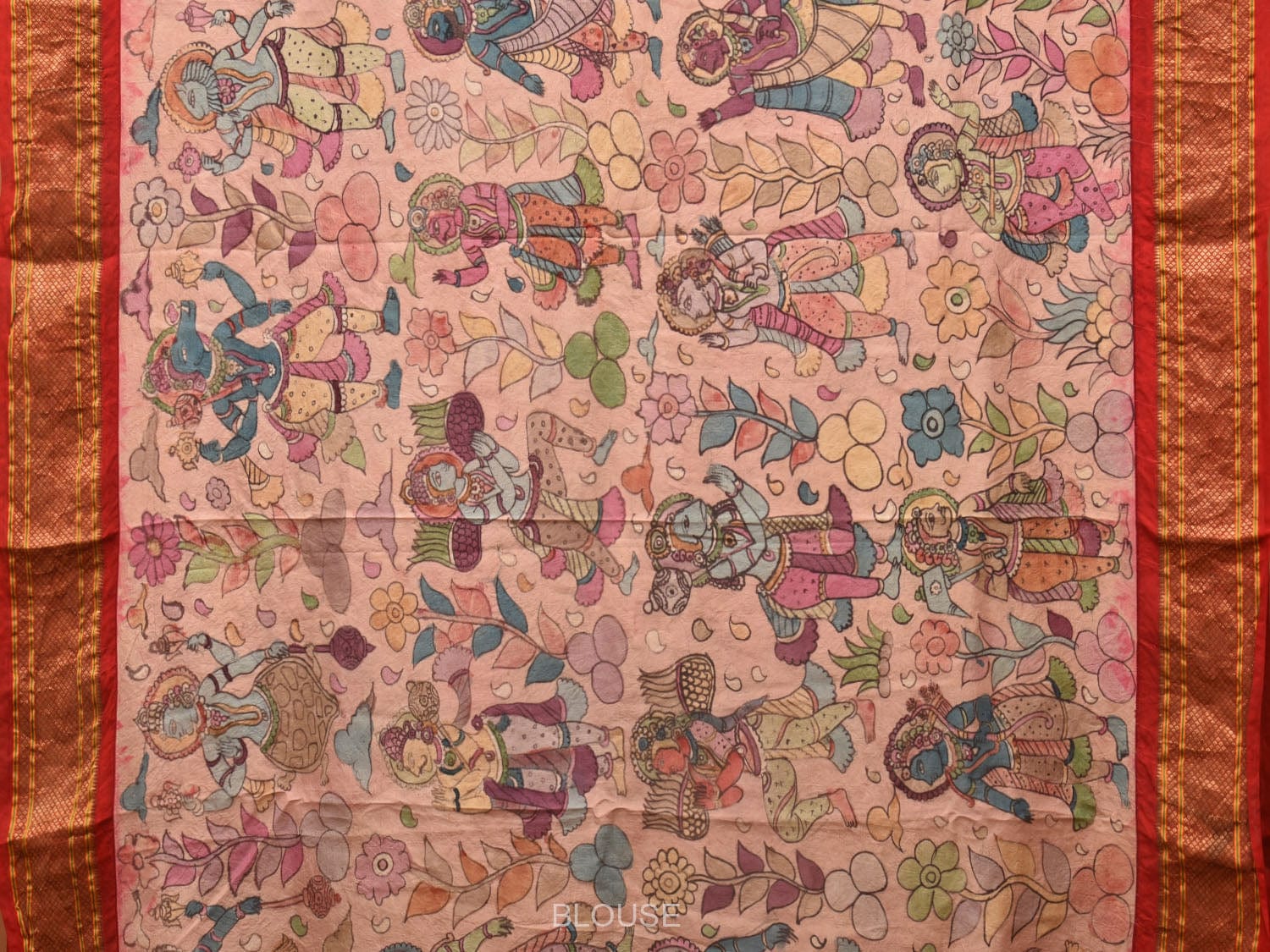 Cream and Red Kalamkari Hand Painted Paithani Silk Handloom Saree with Village Theme Design KL0748