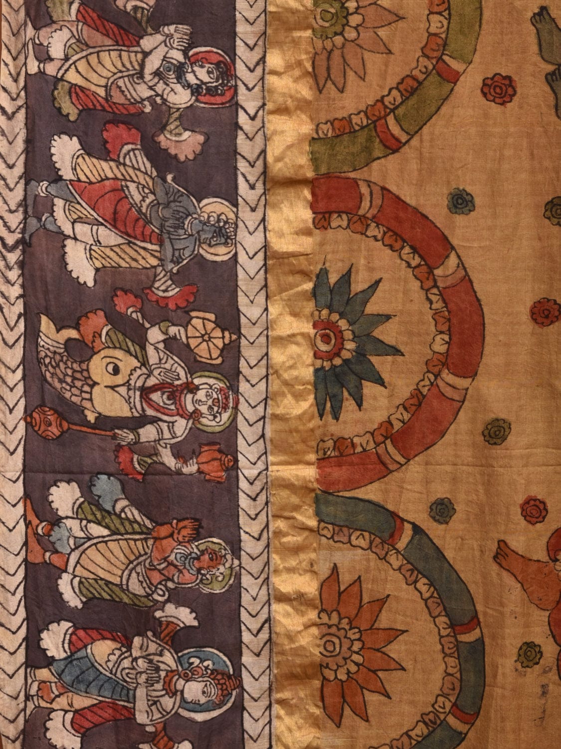 Cream and Red Kalamkari Hand Painted Raw Silk Handloom Saree with Dashavatar Design KL0770