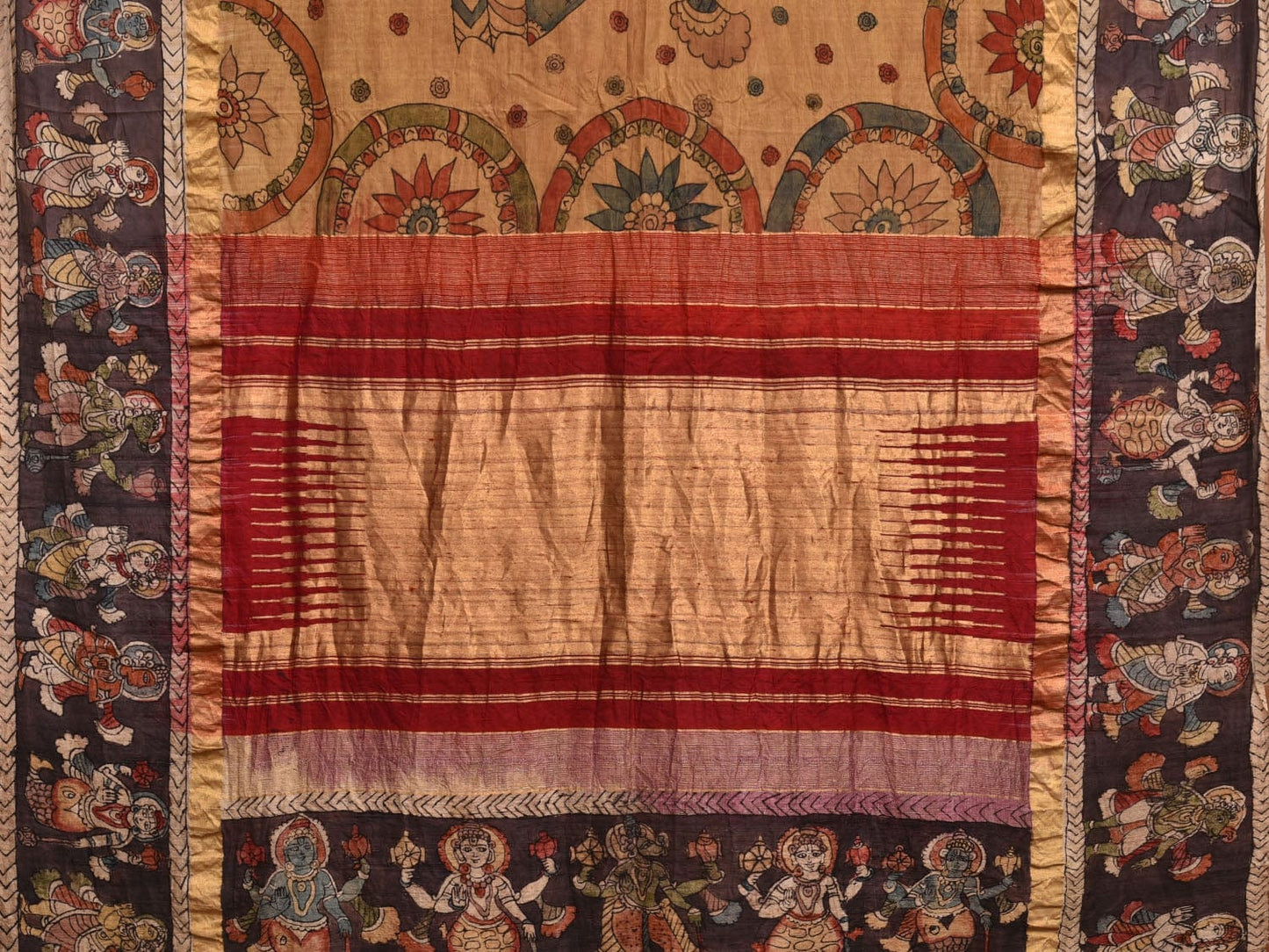 Cream and Red Kalamkari Hand Painted Raw Silk Handloom Saree with Dashavatar Design KL0770