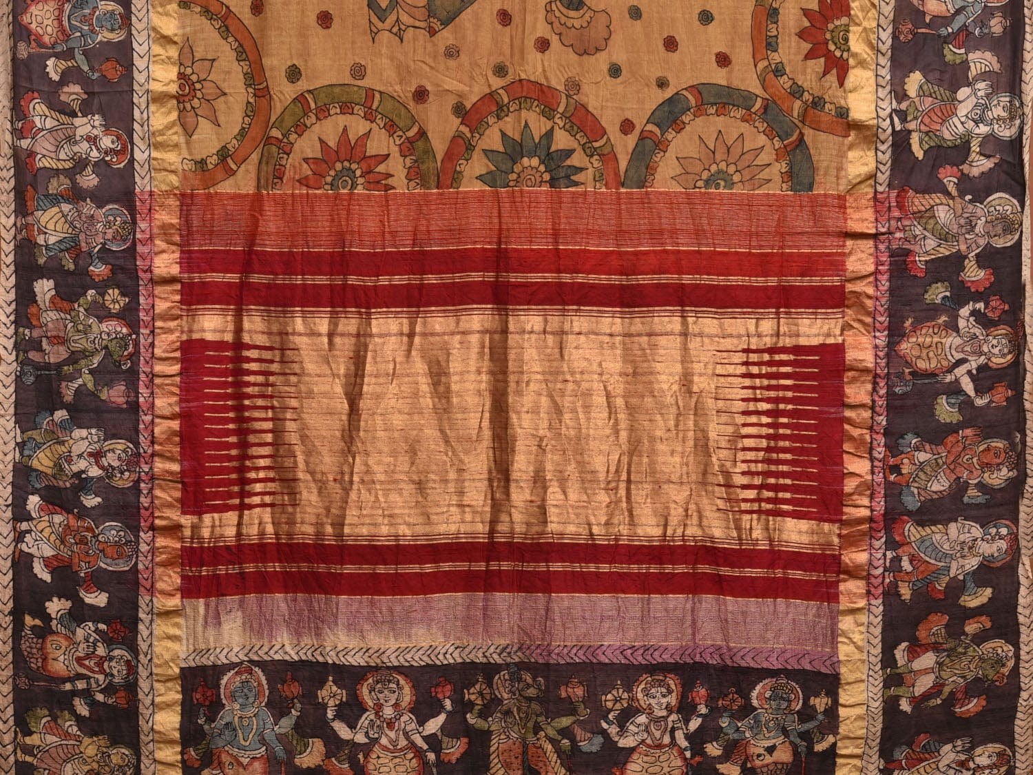 Cream and Red Kalamkari Hand Painted Raw Silk Handloom Saree with Dashavatar Design KL0770