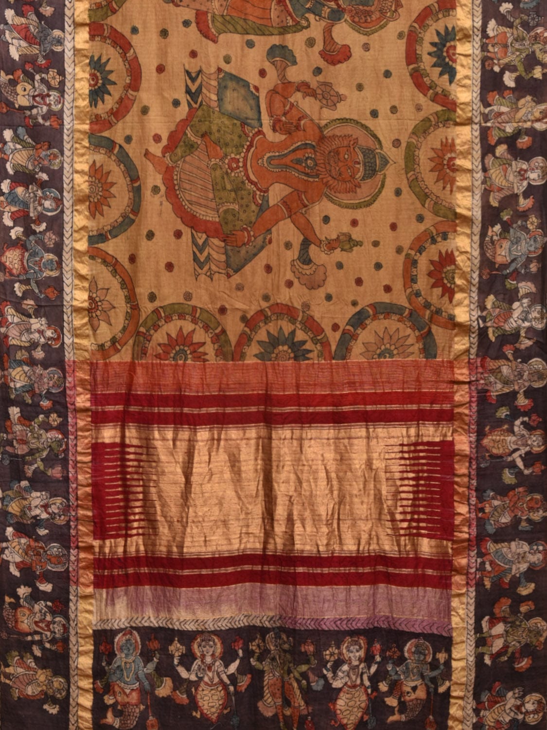 Cream and Red Kalamkari Hand Painted Raw Silk Handloom Saree with Dashavatar Design KL0770