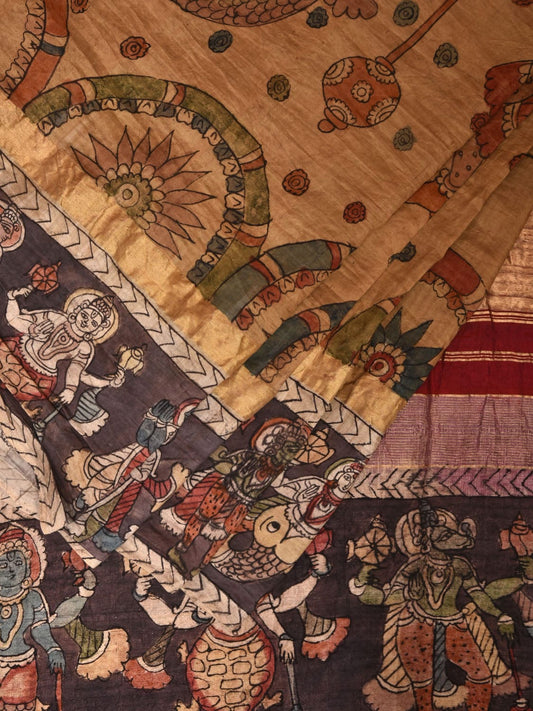 Cream and Red Kalamkari Hand Painted Raw Silk Handloom Saree with Dashavatar Design KL0770