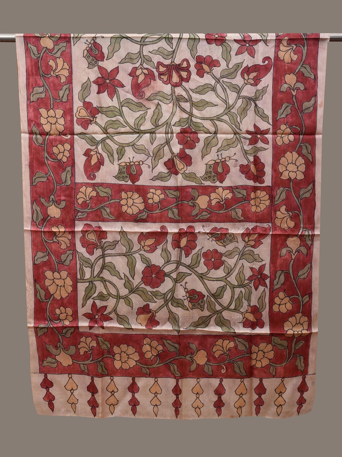 Cream and Red Kalamkari Hand Painted Tussar Handloom Dupatta with Floral and Border Design ds2769