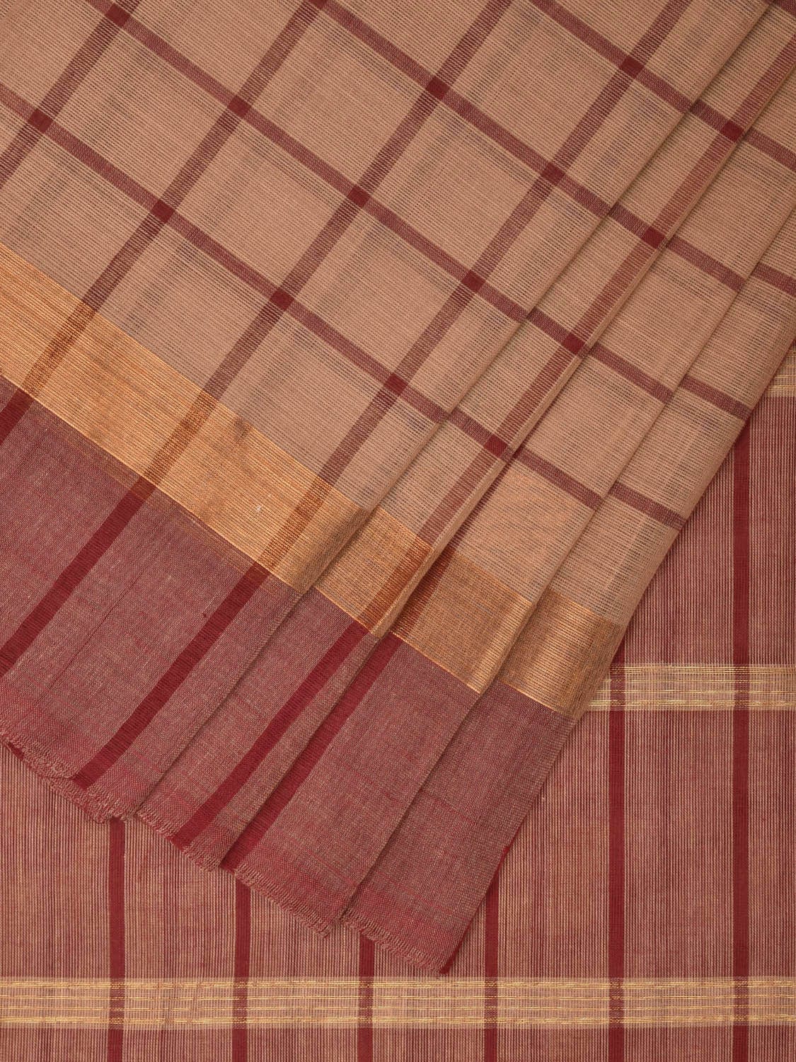 Cream and Red Kanchipuram Cotton Saree with Big Checks Design k0619