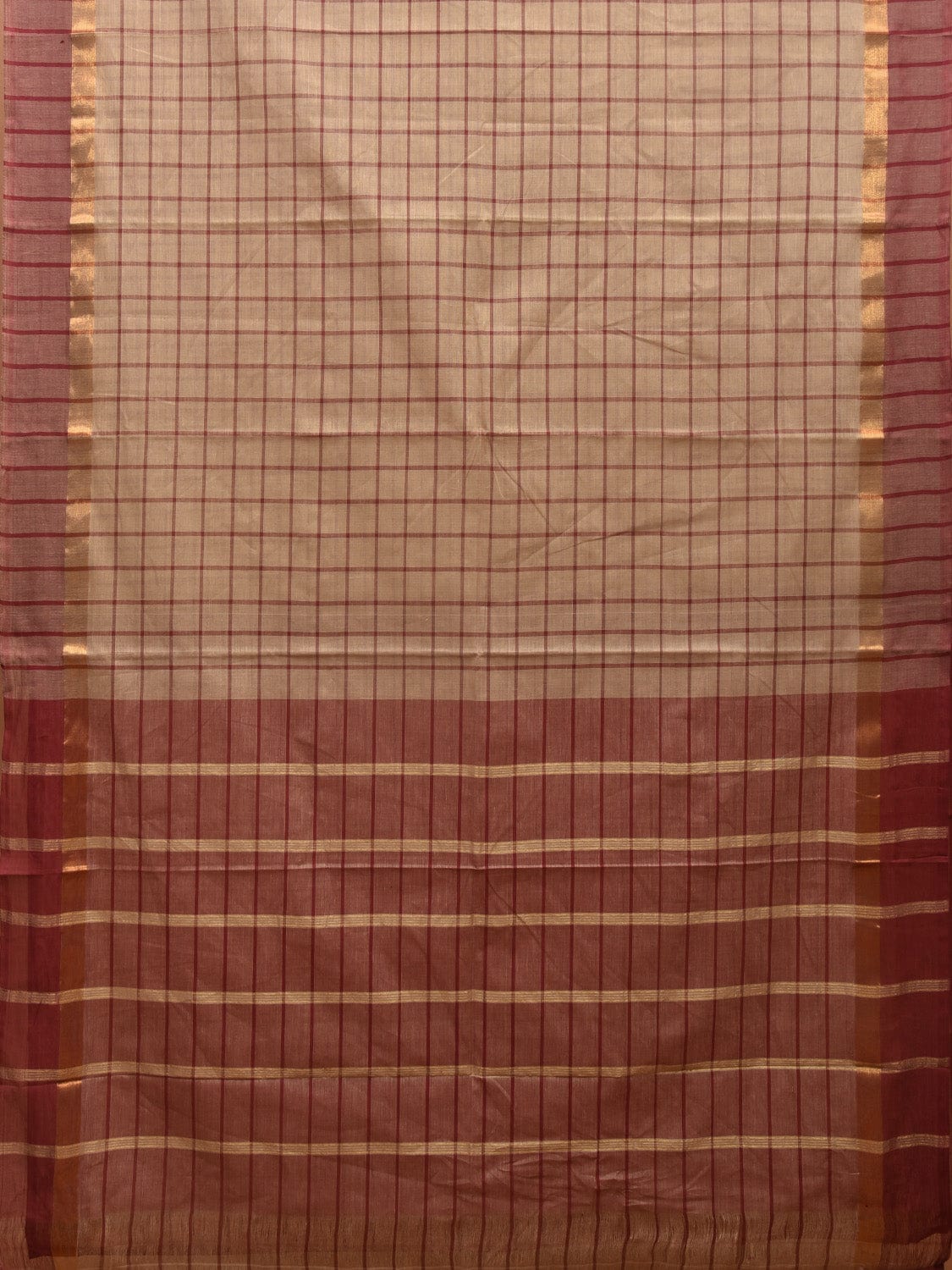 Cream and Red Kanchipuram Cotton Saree with Big Checks Design k0619