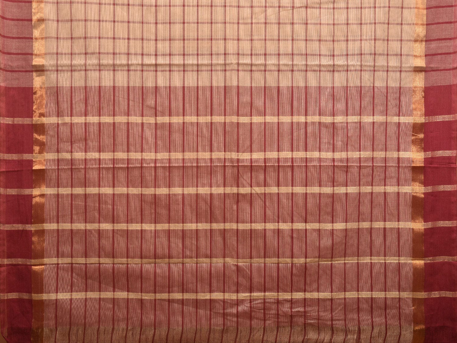 Cream and Red Kanchipuram Cotton Saree with Big Checks Design k0619