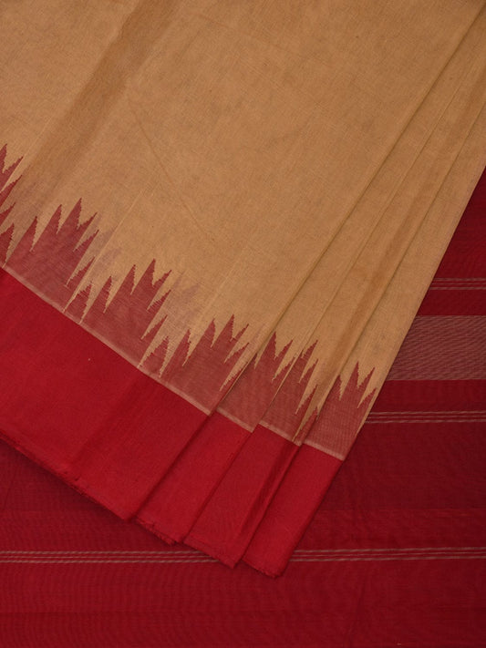 Cream and Red Khadi Cotton Handloom Saree with Big Temple Border Design kh0682