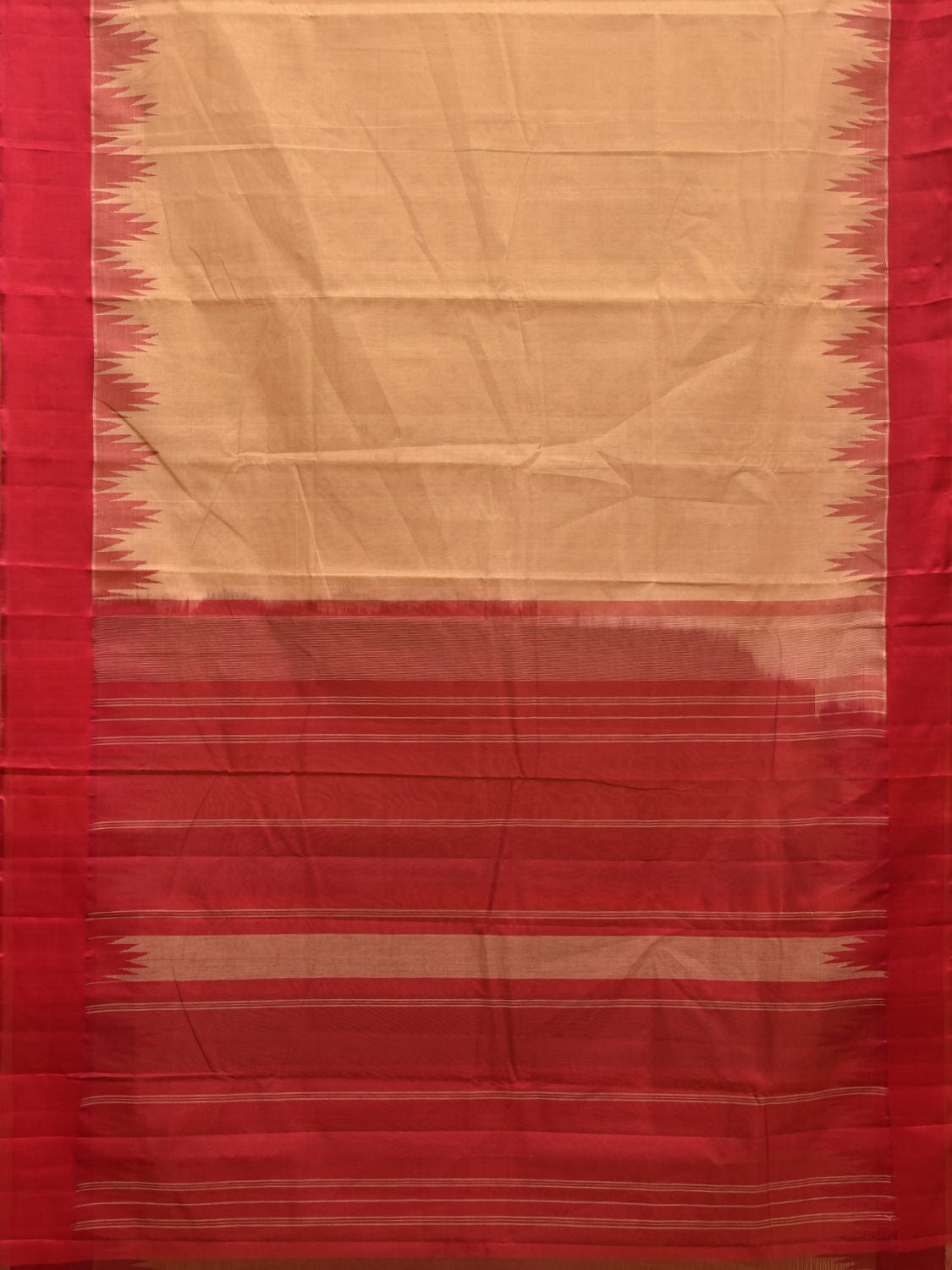Cream and Red Khadi Cotton Handloom Saree with Big Temple Border Design kh0682