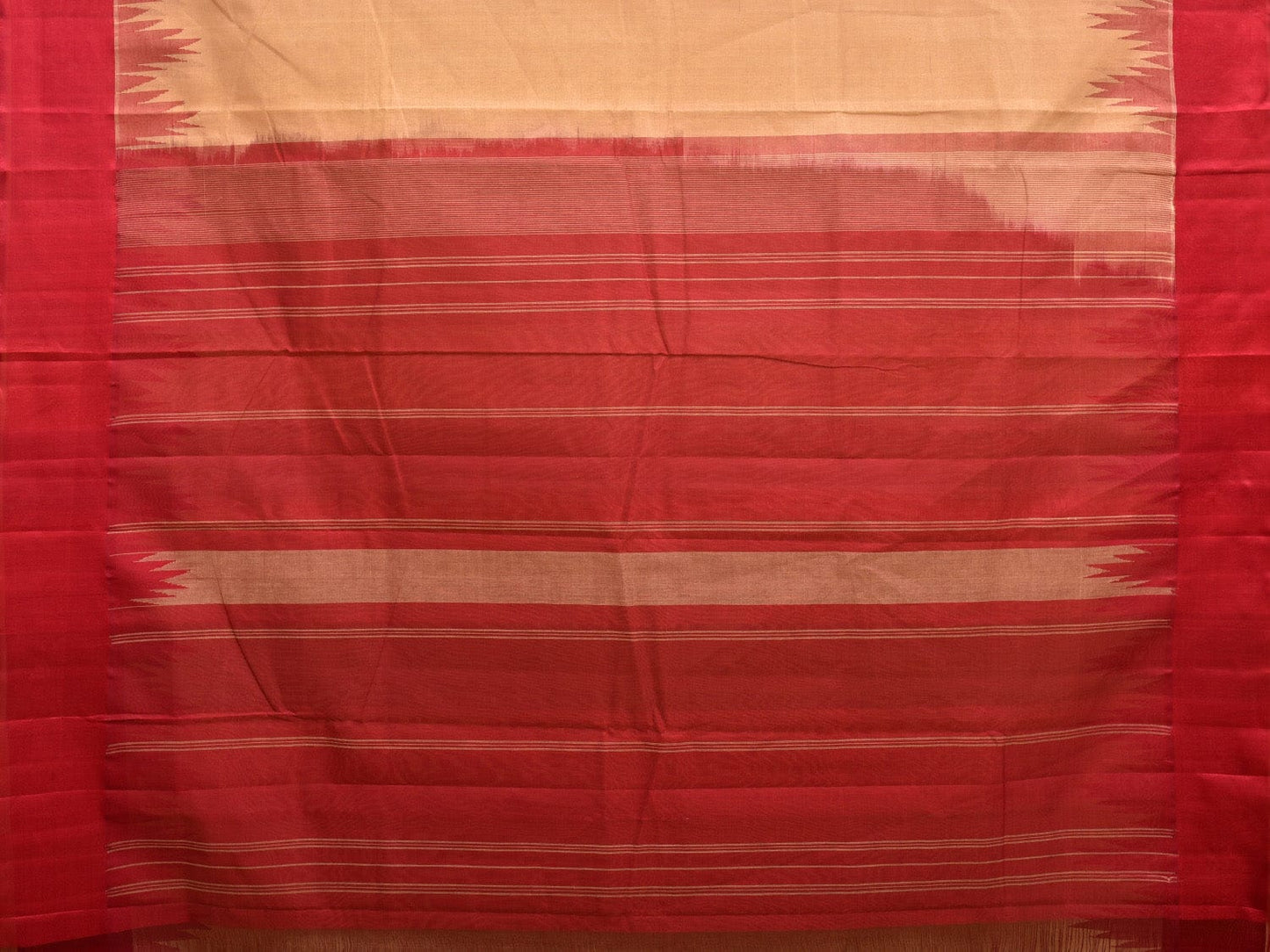 Cream and Red Khadi Cotton Handloom Saree with Big Temple Border Design kh0682