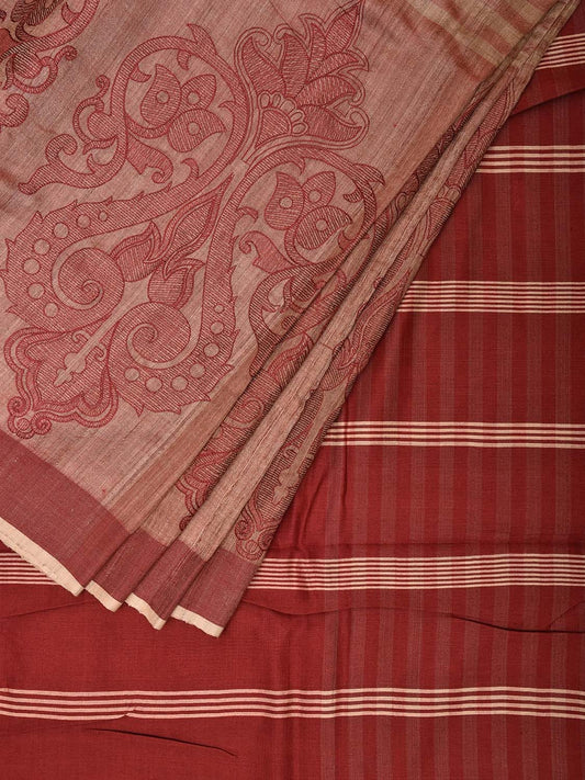Cream and Red Tussar Saree with Strips Body and Pallu Design o0550