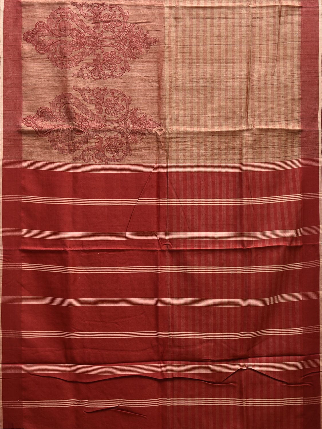 Cream and Red Tussar Saree with Strips Body and Pallu Design o0550