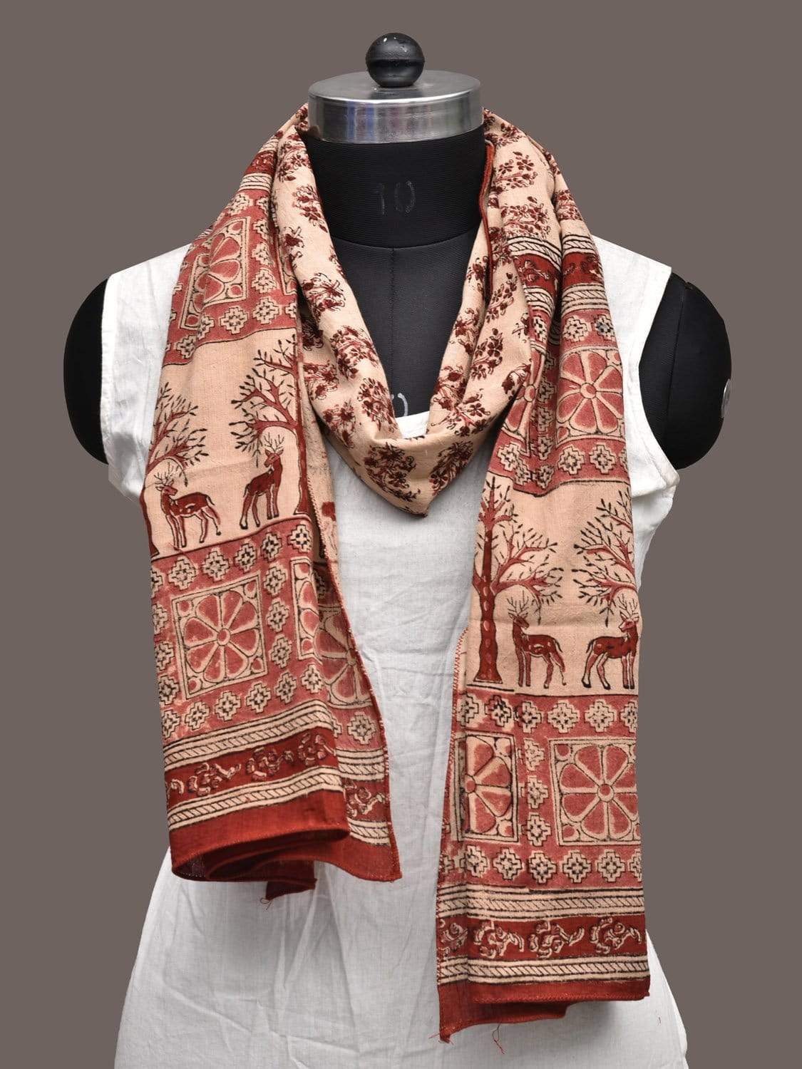 Cream and Rust Kalamkari Block Printed Cotton Handloom Stole ds2240
