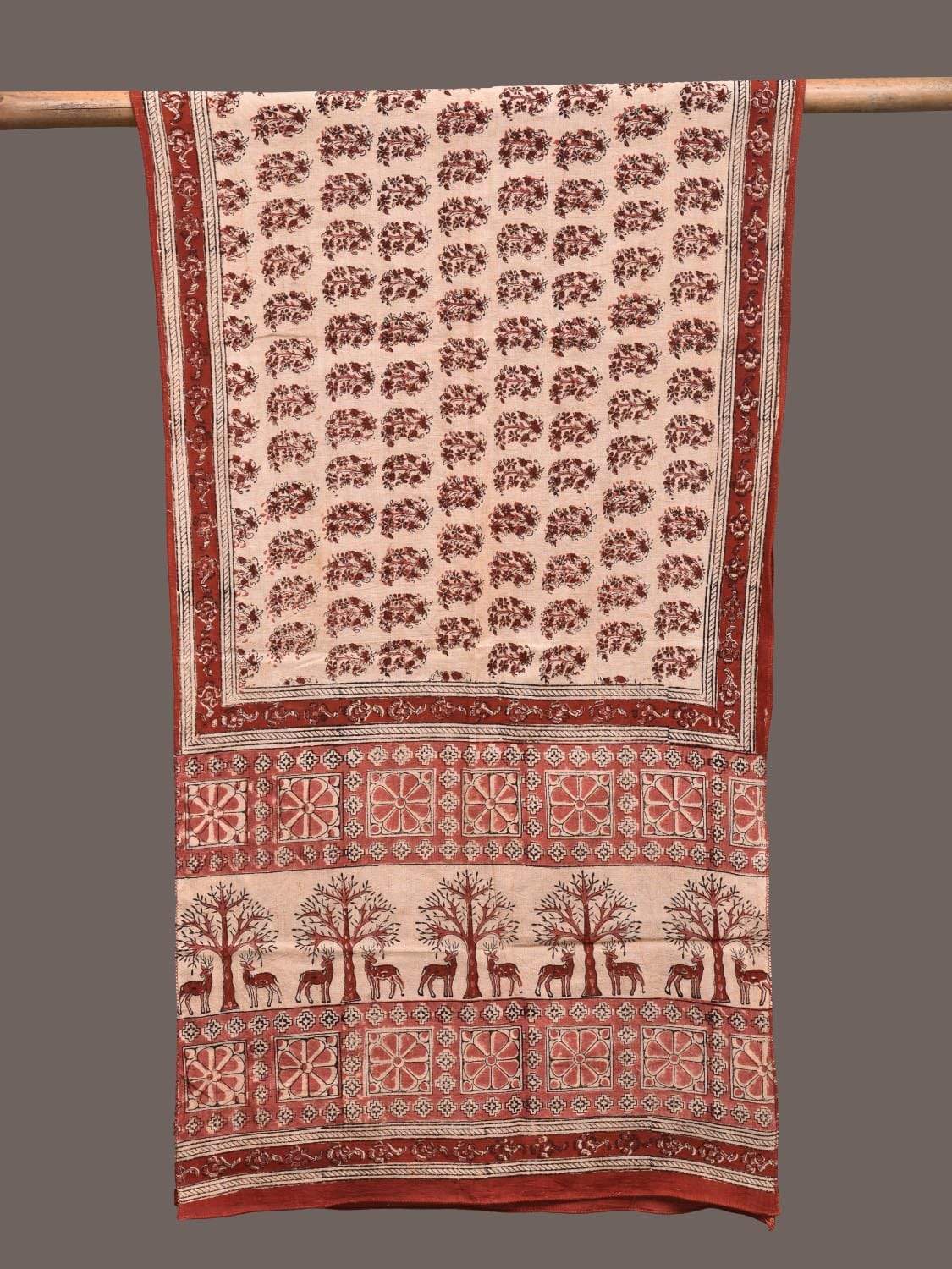 Cream and Rust Kalamkari Block Printed Cotton Handloom Stole ds2240