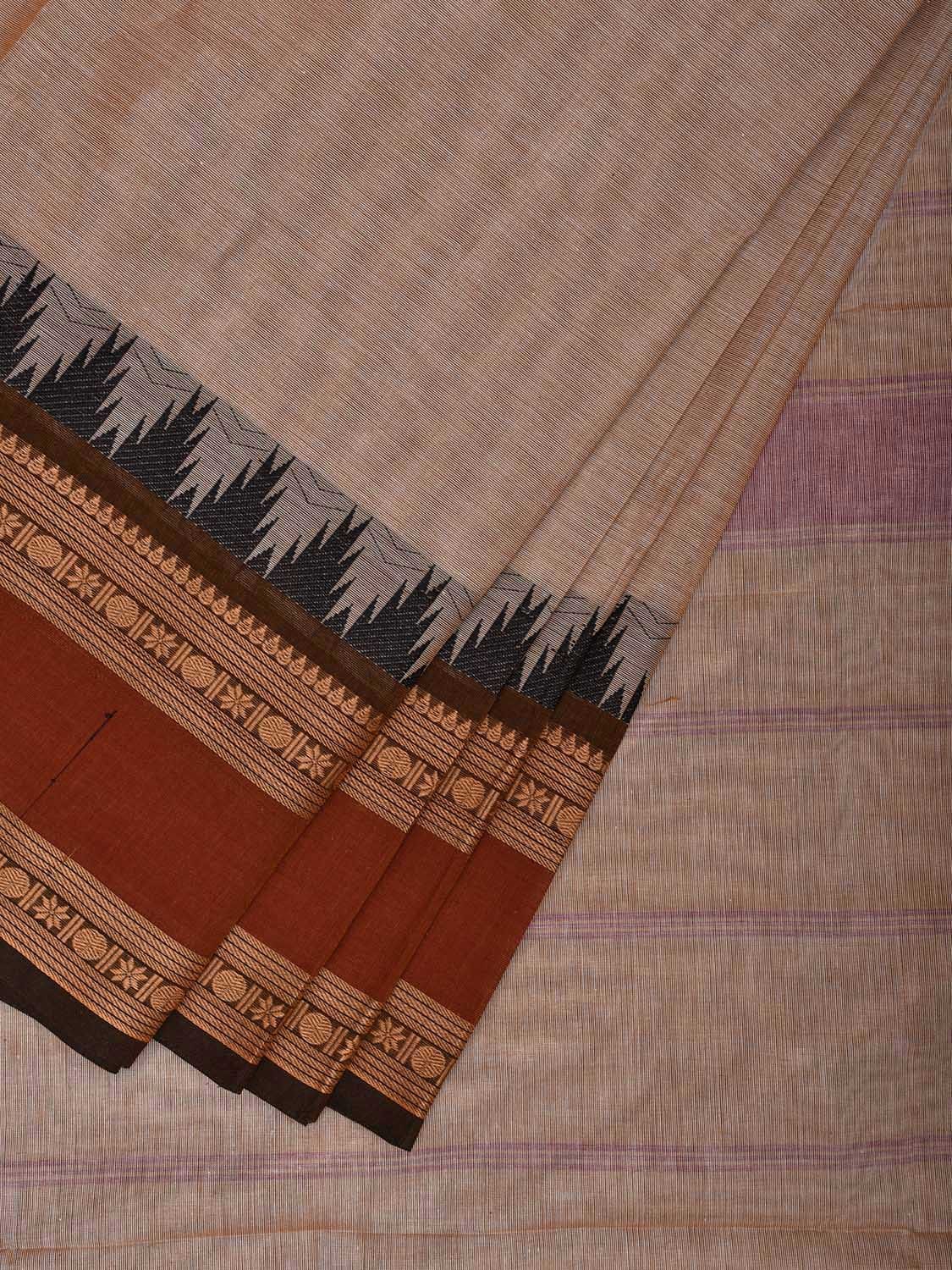 Cream and Rust Kanchipuram Cotton Plain Saree with Strips Pallu and Temple Border Design k0748