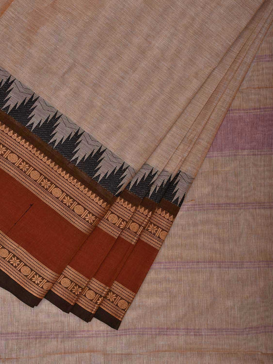 Cream and Rust Kanchipuram Cotton Plain Saree with Strips Pallu and Temple Border Design k0748