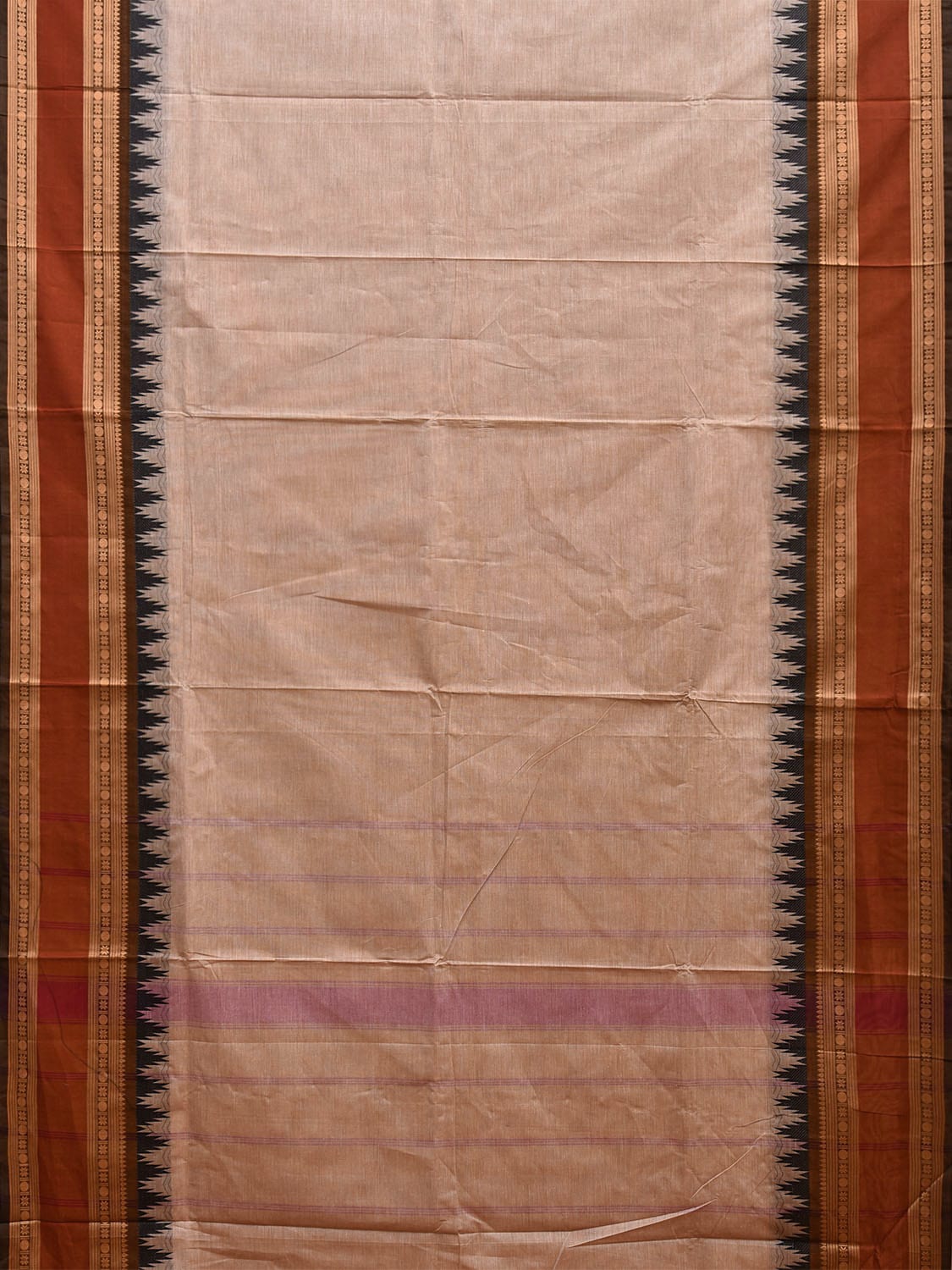 Cream and Rust Kanchipuram Cotton Plain Saree with Strips Pallu and Temple Border Design k0748