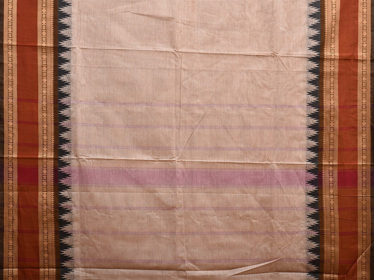 Cream and Rust Kanchipuram Cotton Plain Saree with Strips Pallu and Temple Border Design k0748