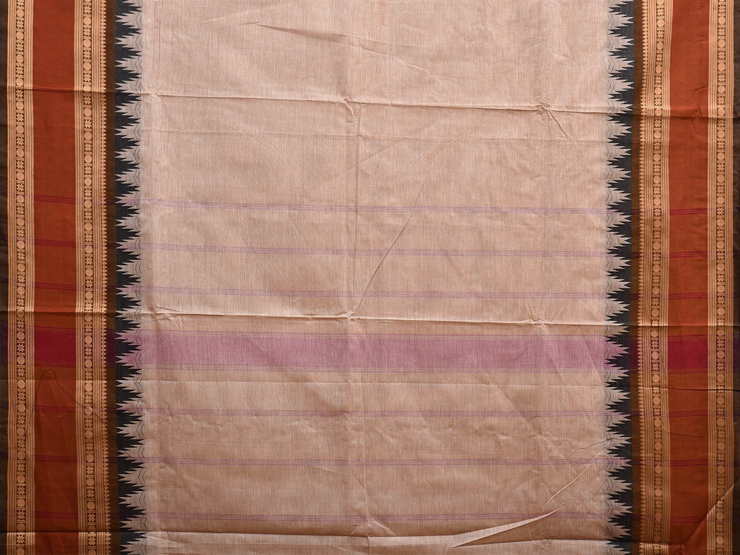 Cream and Rust Kanchipuram Cotton Plain Saree with Strips Pallu and Temple Border Design k0748