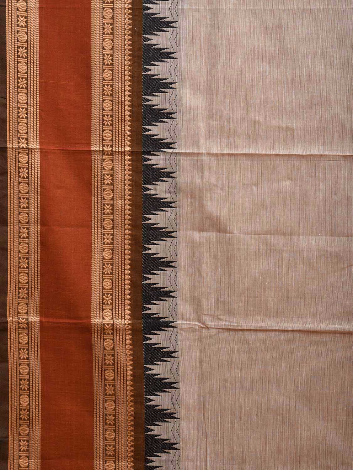 Cream and Rust Kanchipuram Cotton Plain Saree with Strips Pallu and Temple Border Design k0748