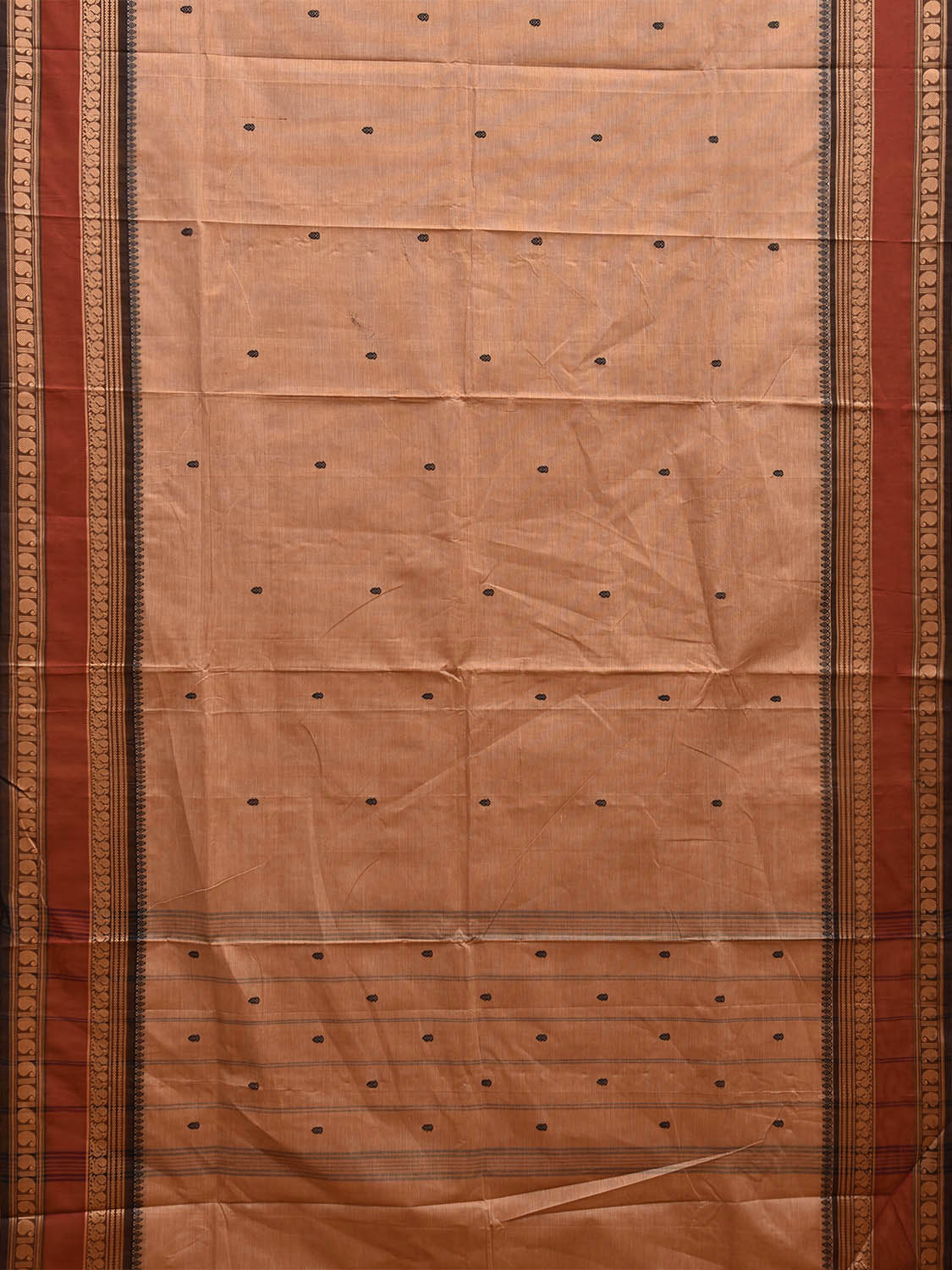 Cream and Rust Kanchipuram Cotton Saree with Strips Pallu and Border Design k0764