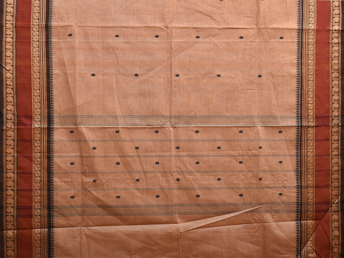 Cream and Rust Kanchipuram Cotton Saree with Strips Pallu and Border Design k0764