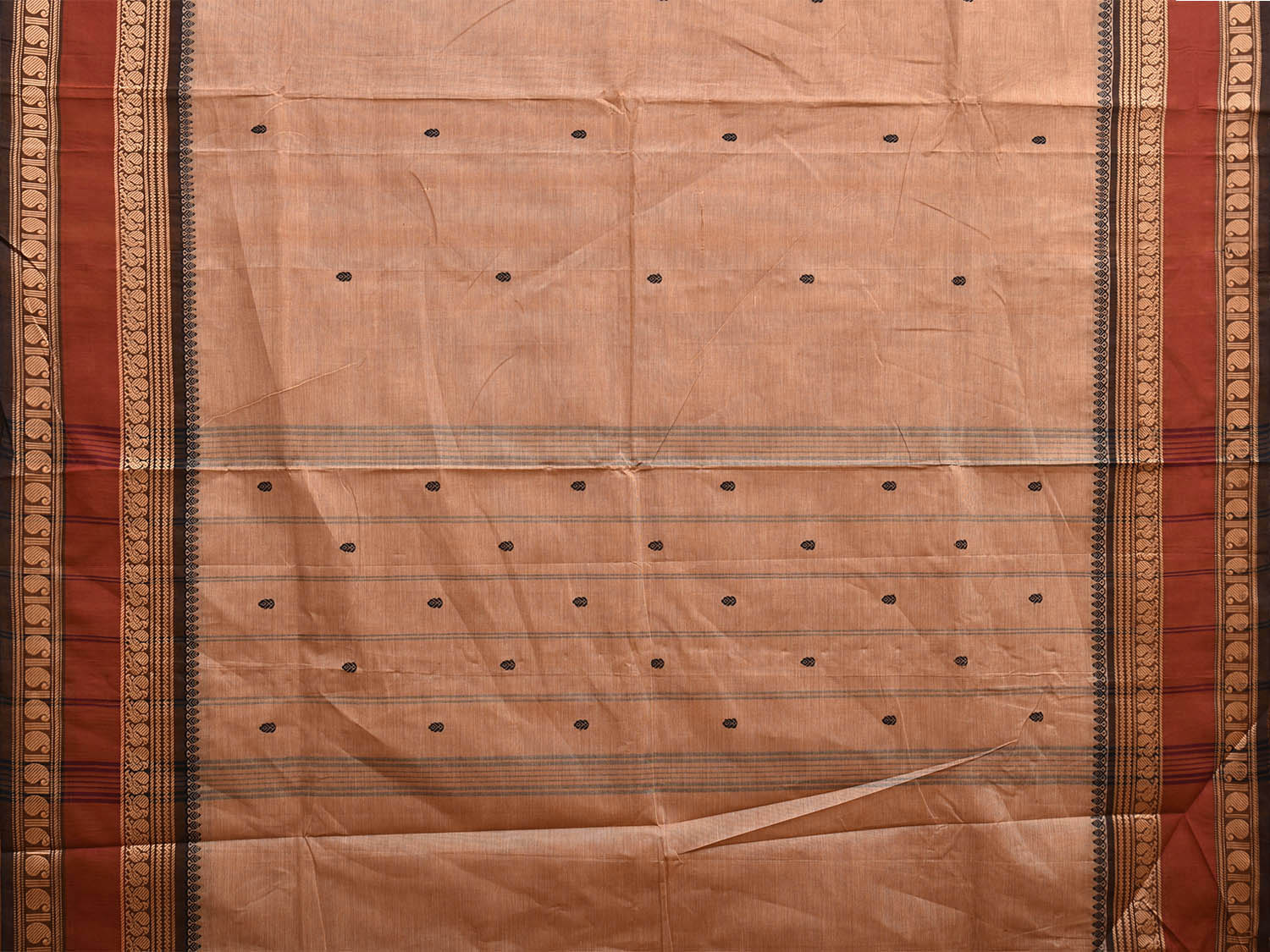 Cream and Rust Kanchipuram Cotton Saree with Strips Pallu and Border Design k0764