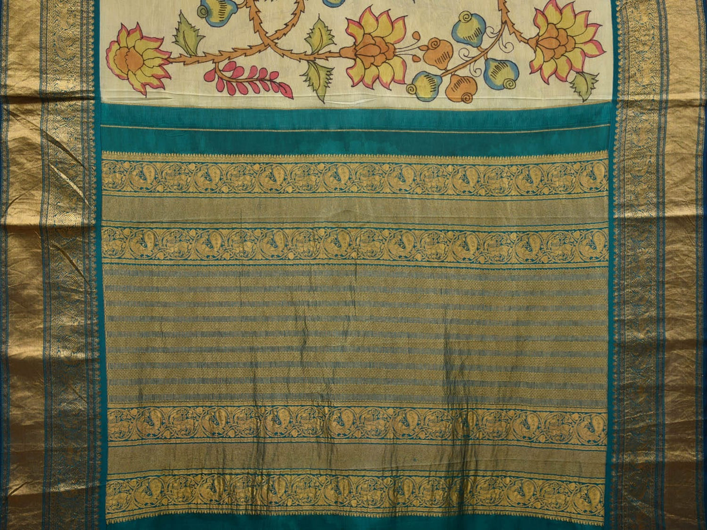 Cream and Teal Kalamkari Hand Painted Kanchipuram Silk Handloom Saree with Floral Design KL0637