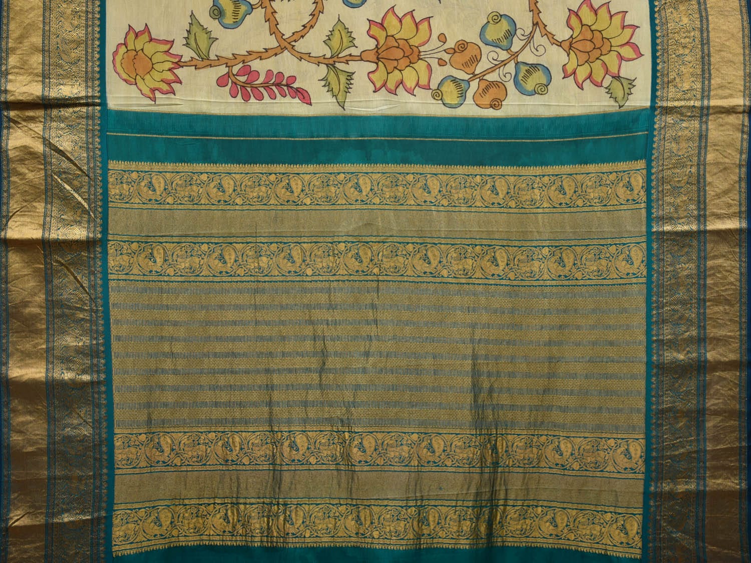 Cream and Teal Kalamkari Hand Painted Kanchipuram Silk Handloom Saree with Floral Design KL0637