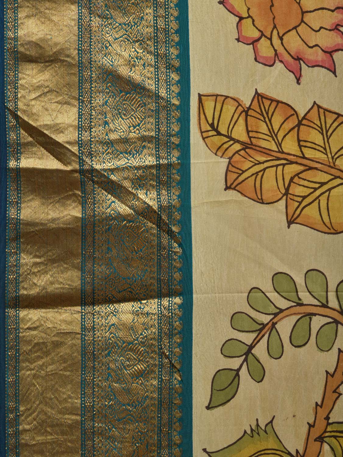 Cream and Teal Kalamkari Hand Painted Kanchipuram Silk Handloom Saree with Floral Design KL0637