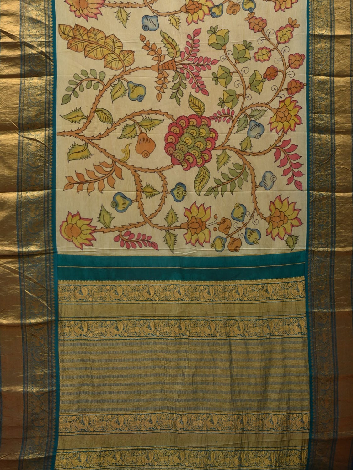 Cream and Teal Kalamkari Hand Painted Kanchipuram Silk Handloom Saree with Floral Design KL0637