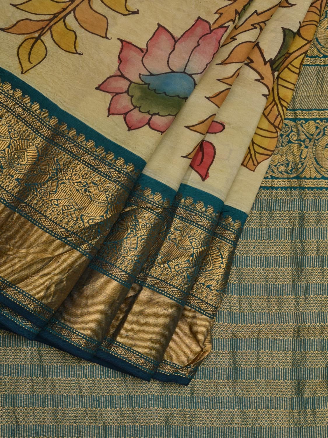 Cream and Teal Kalamkari Hand Painted Kanchipuram Silk Handloom Saree with Floral Design KL0637