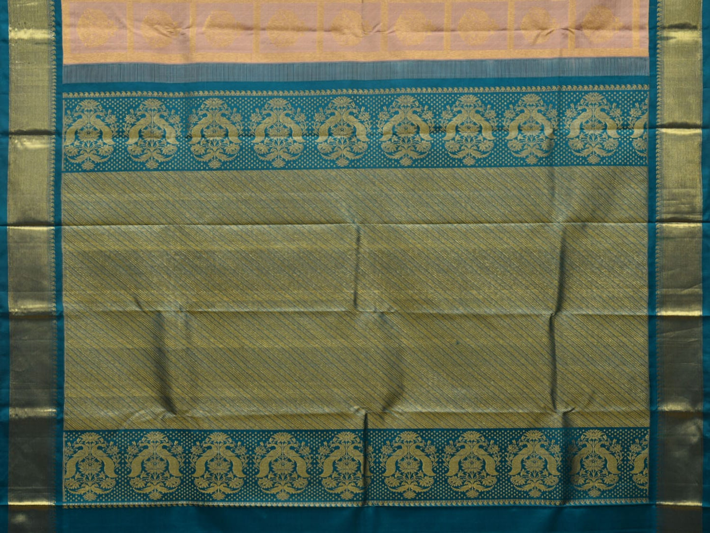 Cream and Teal Kanchipuram Silk Handloom Saree with Checks and Buta Design k0527