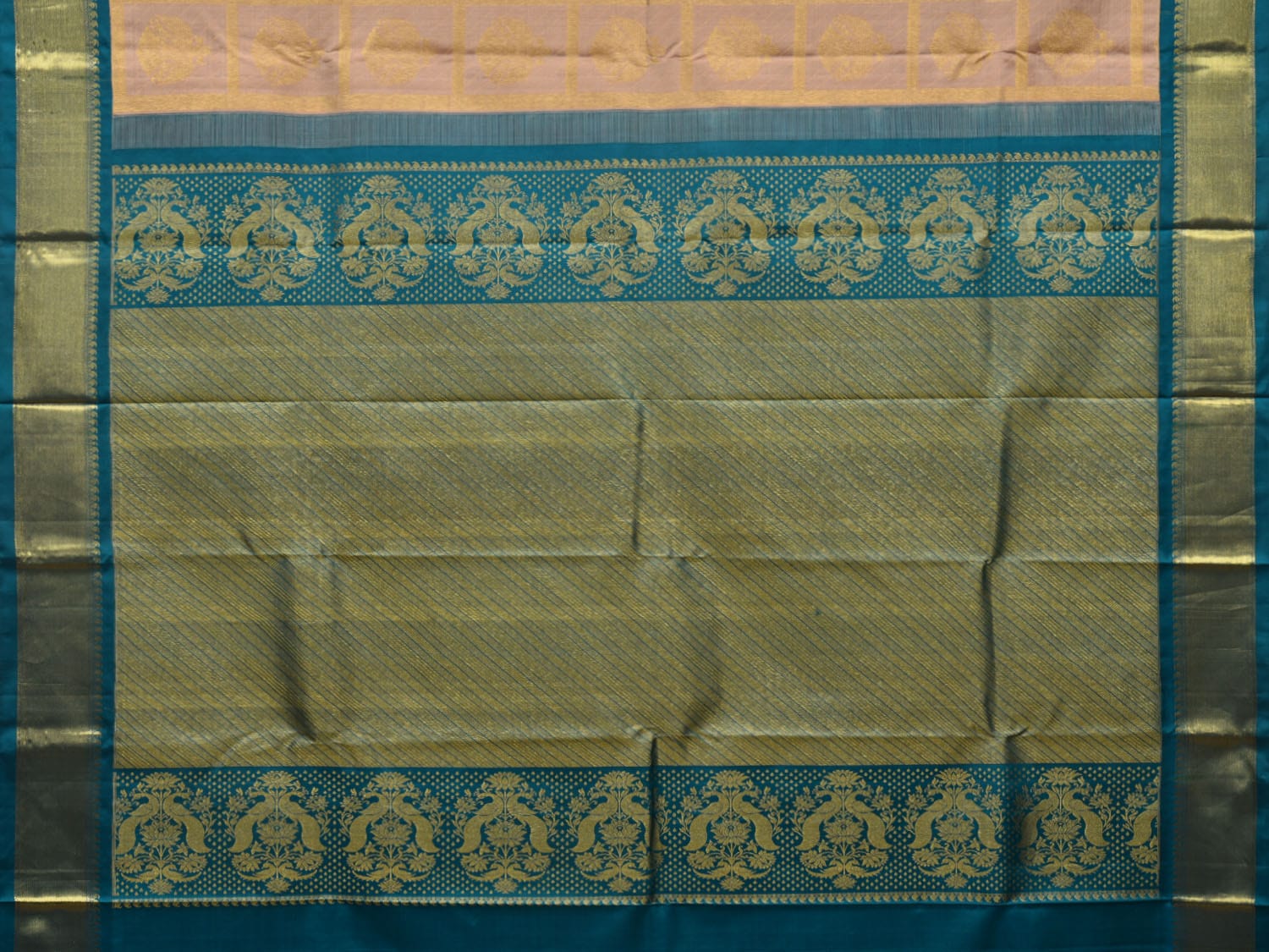 Cream and Teal Kanchipuram Silk Handloom Saree with Checks and Buta Design k0527