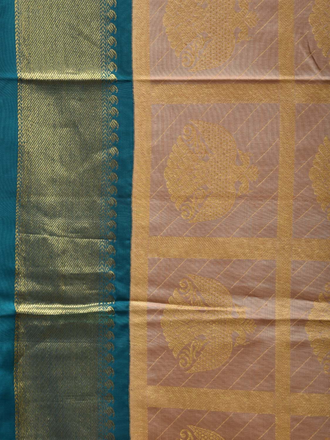 Cream and Teal Kanchipuram Silk Handloom Saree with Checks and Buta Design k0527