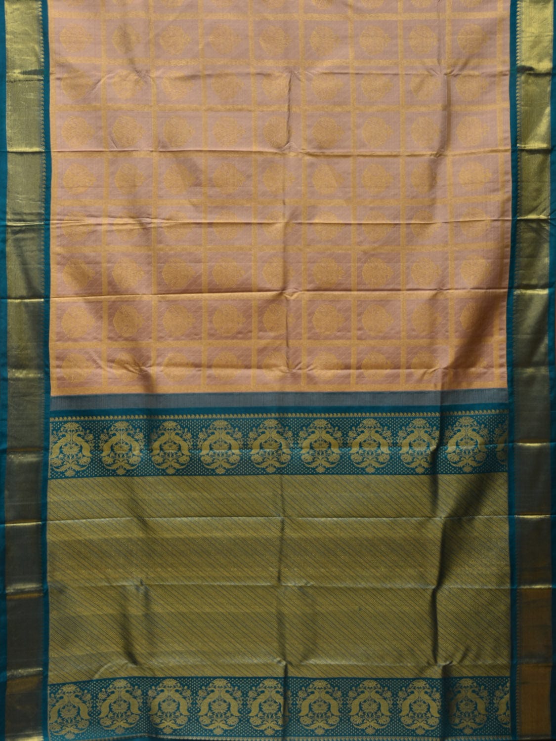 Cream and Teal Kanchipuram Silk Handloom Saree with Checks and Buta Design k0527