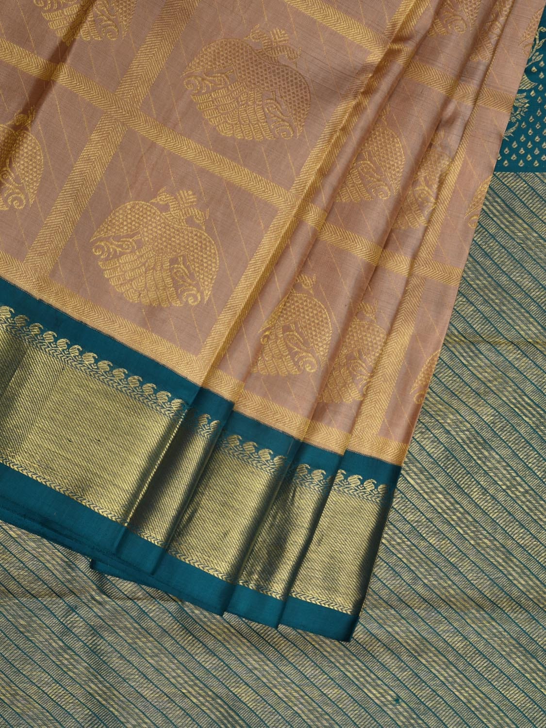 Cream and Teal Kanchipuram Silk Handloom Saree with Checks and Buta Design k0527