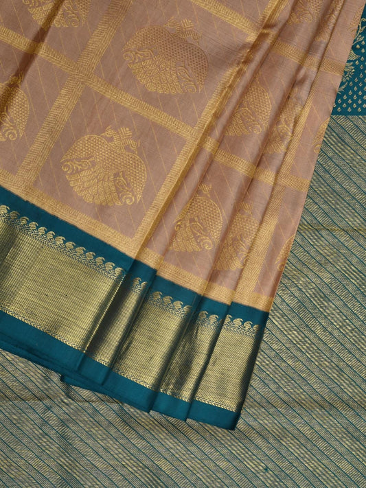 Cream and Teal Kanchipuram Silk Handloom Saree with Checks and Buta Design k0527