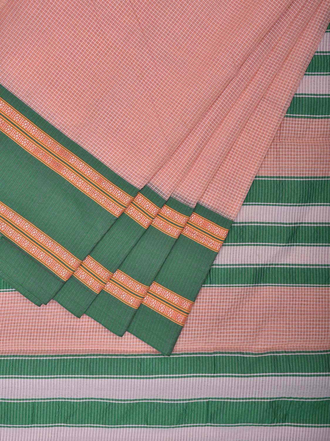 Cream and Turquoise Bamboo Cotton Saree with Small Checks Design No Blouse bc0630