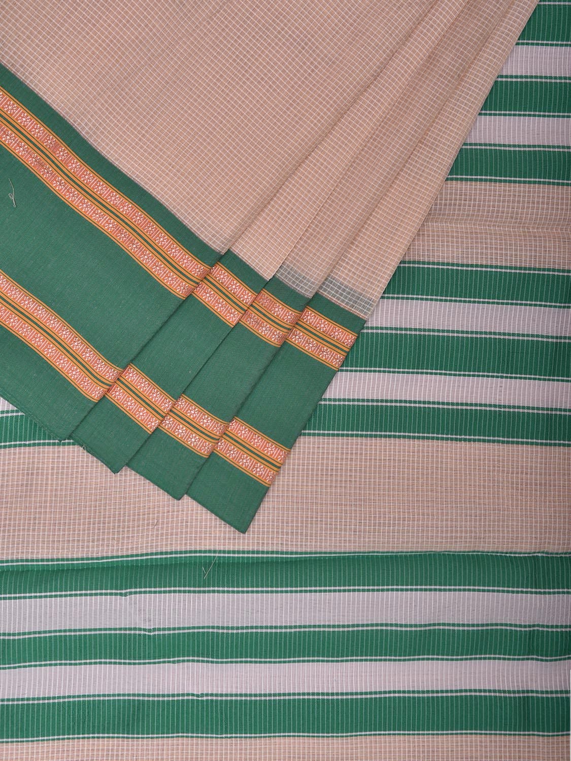 Cream and Turquoise Bamboo Cotton Saree with Small Checks Design No Blouse bc0690