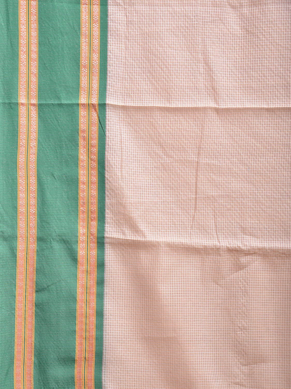 Cream and Turquoise Bamboo Cotton Saree with Small Checks Design No Blouse bc0690