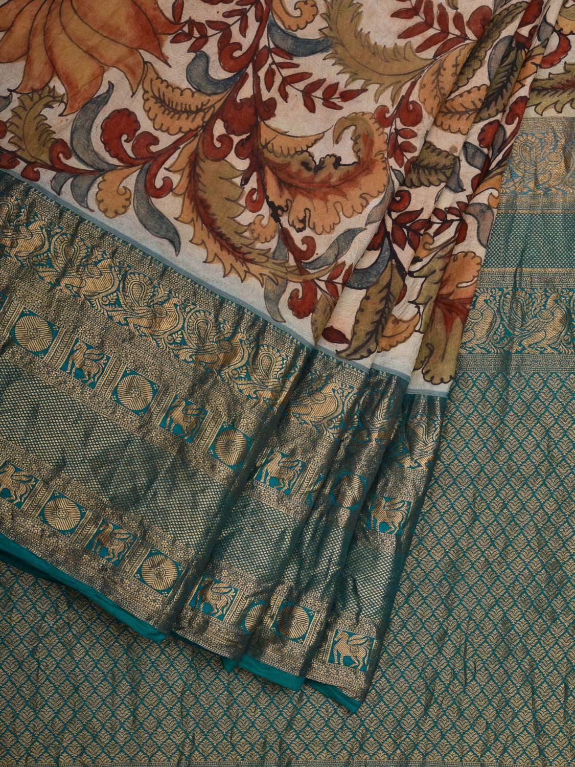 Cream and Turquoise Kalamkari Hand Painted Kanchipuram Silk Handloom Saree with Floral Design KL0622