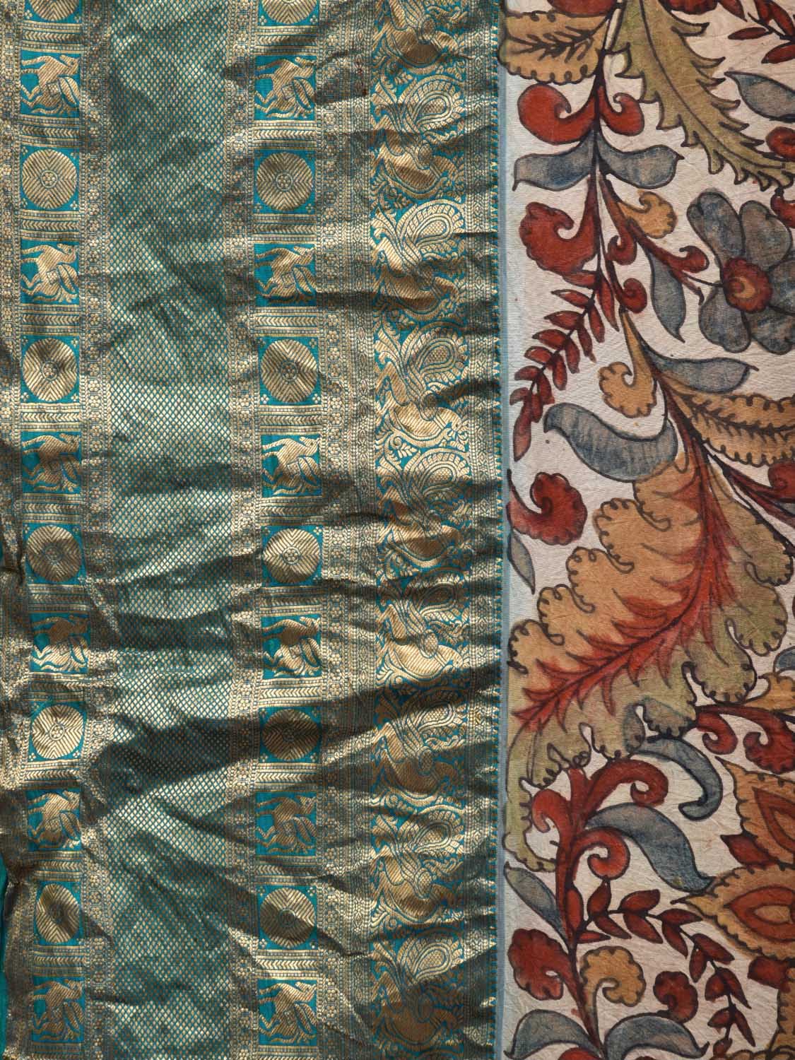 Cream and Turquoise Kalamkari Hand Painted Kanchipuram Silk Handloom Saree with Floral Design KL0622