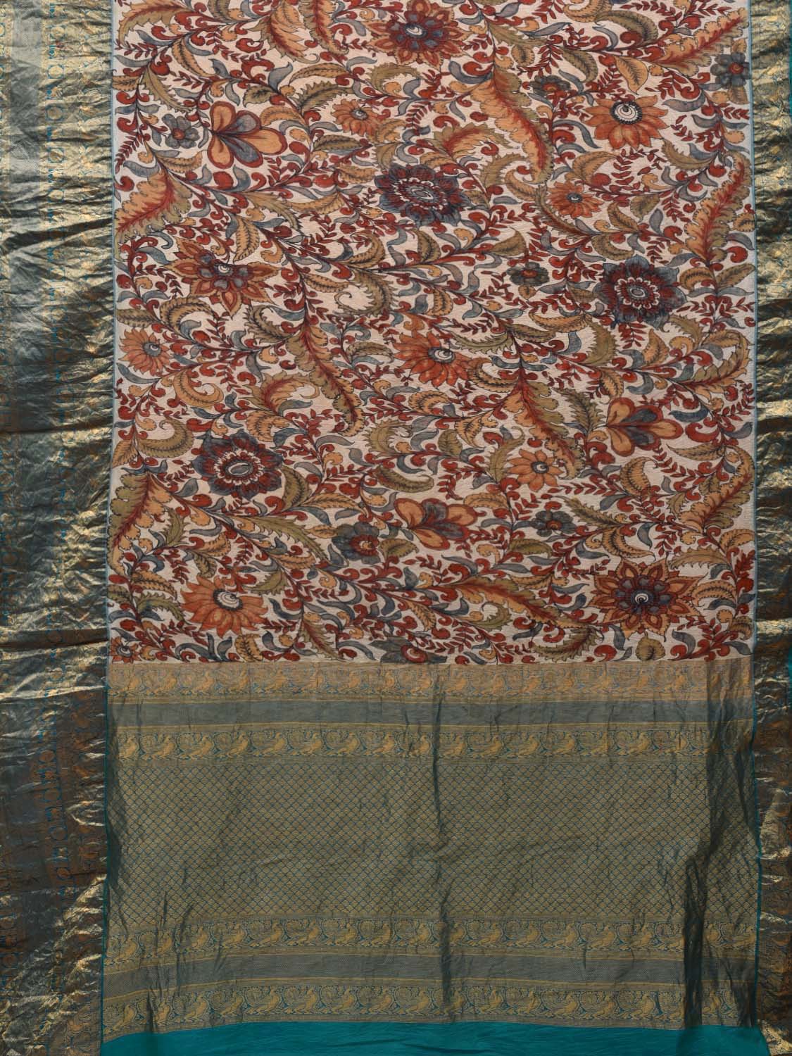 Cream and Turquoise Kalamkari Hand Painted Kanchipuram Silk Handloom Saree with Floral Design KL0622