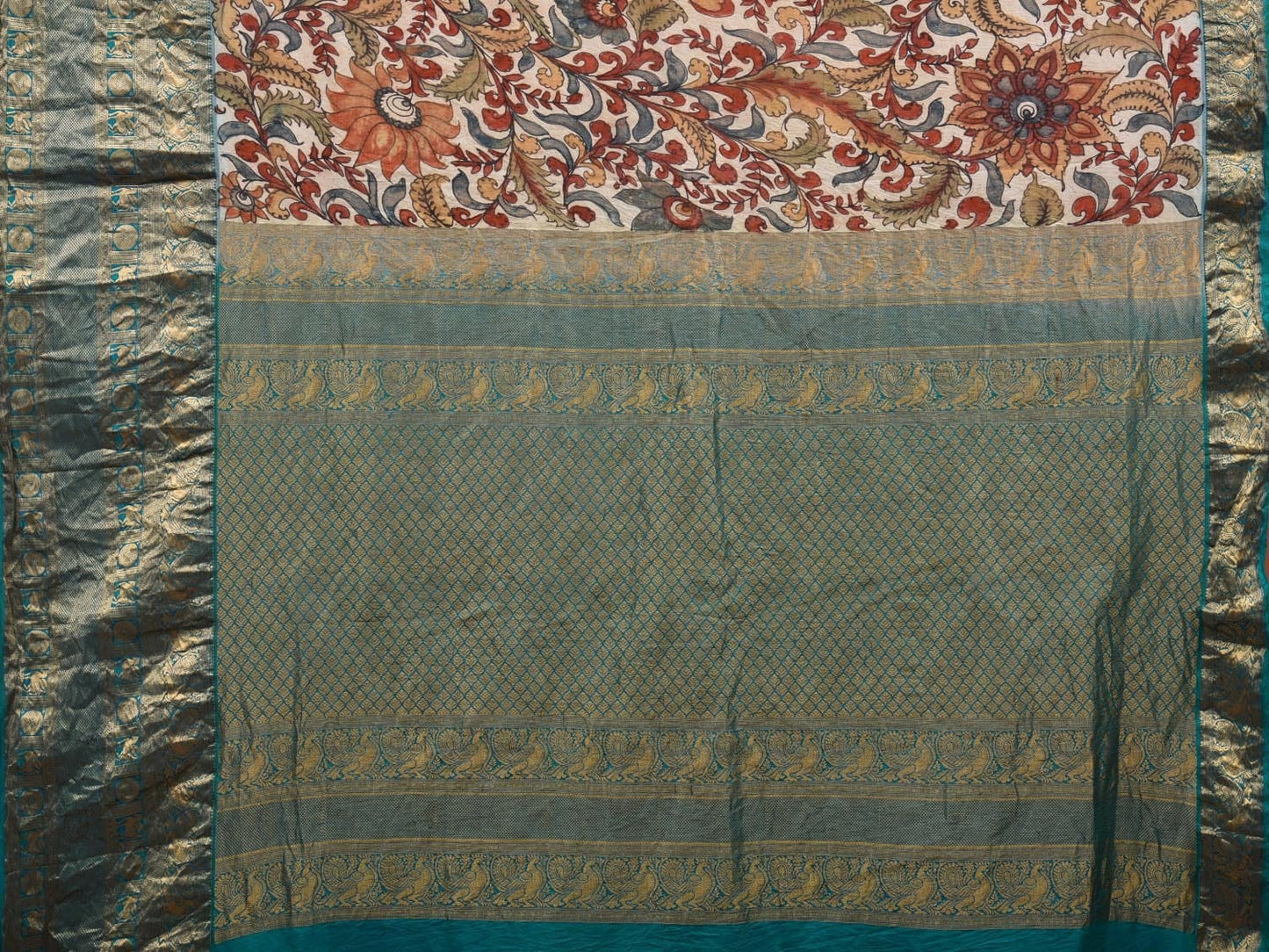 Cream and Turquoise Kalamkari Hand Painted Kanchipuram Silk Handloom Saree with Floral Design KL0622
