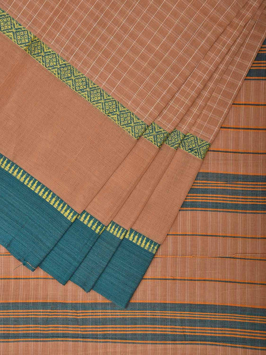 Cream and Turquoise Narayanpet Cotton Handloom Saree with Checks Design and Big Border No Blouse np1020