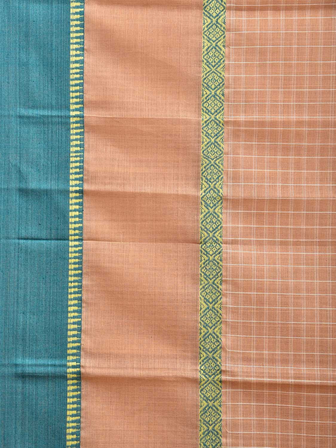 Cream and Turquoise Narayanpet Cotton Handloom Saree with Checks Design and Big Border No Blouse np1020