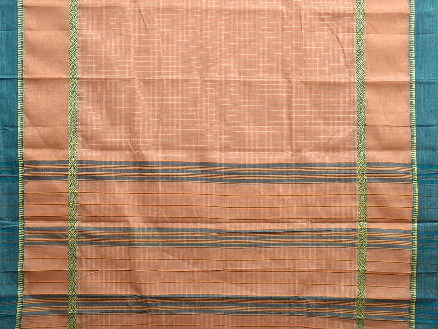 Cream and Turquoise Narayanpet Cotton Handloom Saree with Checks Design and Big Border No Blouse np1020