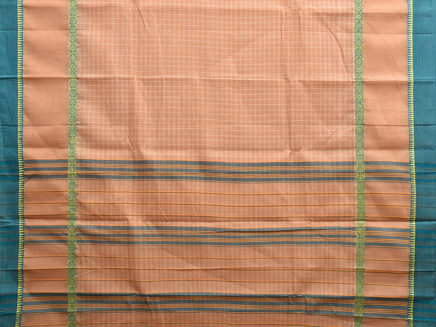 Cream and Turquoise Narayanpet Cotton Handloom Saree with Checks Design and Big Border No Blouse np1020