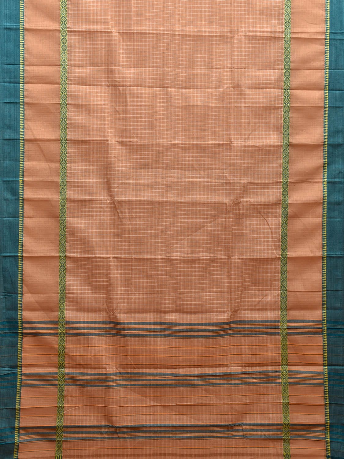 Cream and Turquoise Narayanpet Cotton Handloom Saree with Checks Design and Big Border No Blouse np1020
